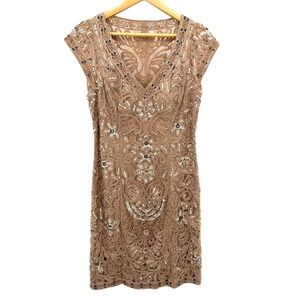 Sue Wong Nocturne Tan Soutache Sequin Floral‎ V-Neck Cocktail Dress Size 12